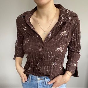 Brown pleated button up shirt
